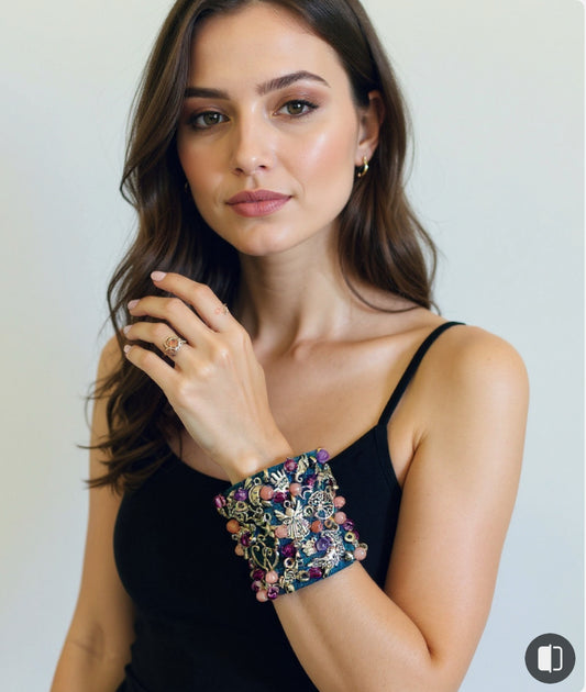 Angela Denim Bracelet with Charms & Beads– Boho Chic Jewelry
