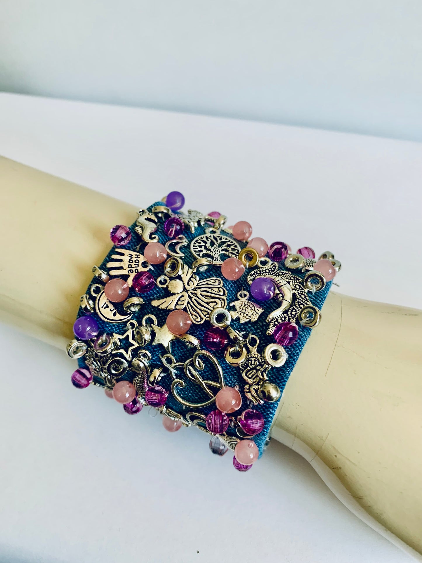 Angela Denim Bracelet with Charms & Beads– Boho Chic Jewelry
