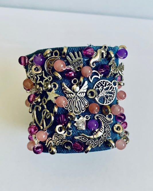 Angela Denim Bracelet with Charms & Beads– Boho Chic Jewelry