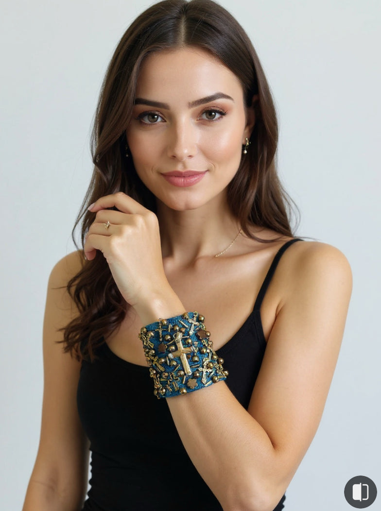 Cross Denim Bracelet with Charms & Beads–Boho Chic Jewelry