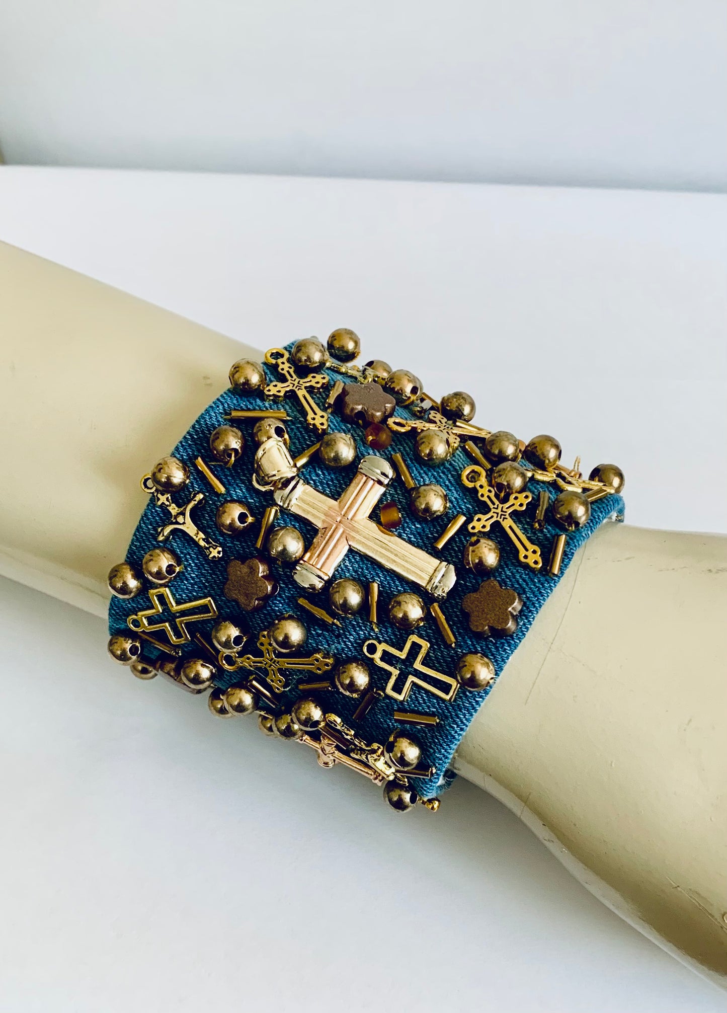 Cross Denim Bracelet with Charms & Beads–Boho Chic Jewelry