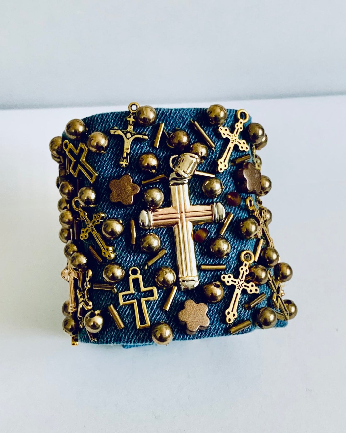 Cross Denim Bracelet with Charms & Beads–Boho Chic Jewelry