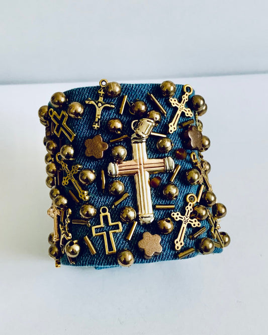 Cross Denim Bracelet with Charms & Beads–Boho Chic Jewelry
