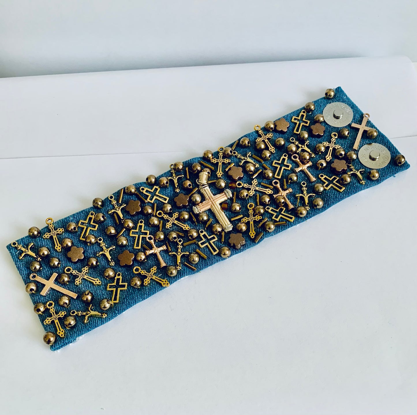 Cross Denim Bracelet with Charms & Beads–Boho Chic Jewelry