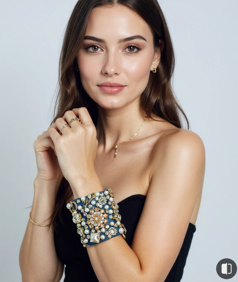 Glam Denim Bracelet with Charms & Beads–Boho Chic Jewelry