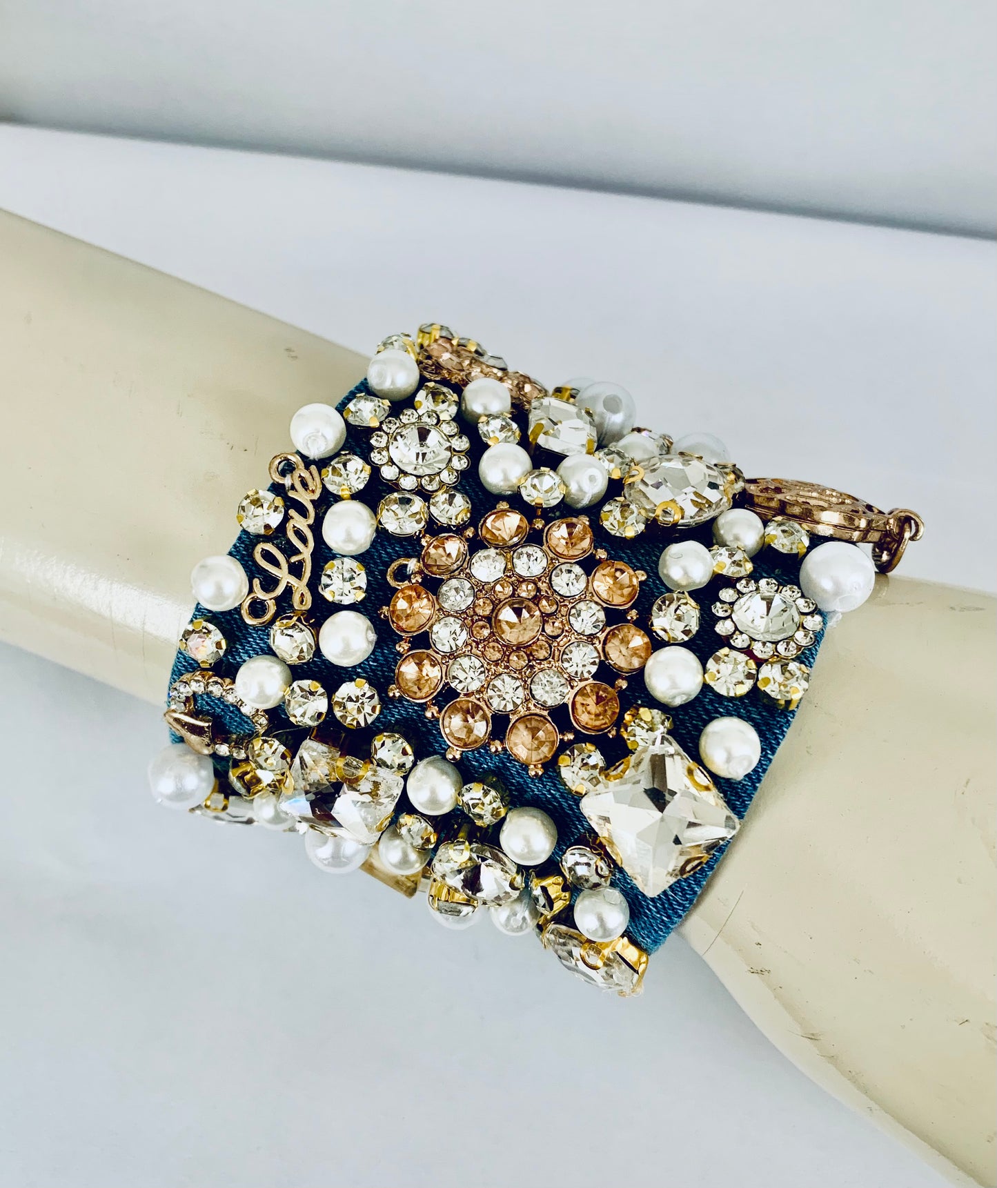 Glam Denim Bracelet with Charms & Beads–Boho Chic Jewelry