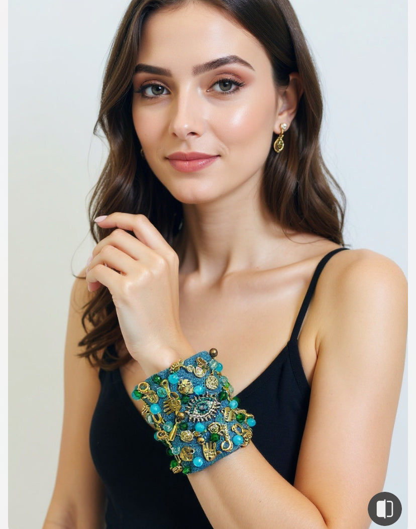 Eye Denim Bracelet with Charms & Beads–Boho Chic Jewelry