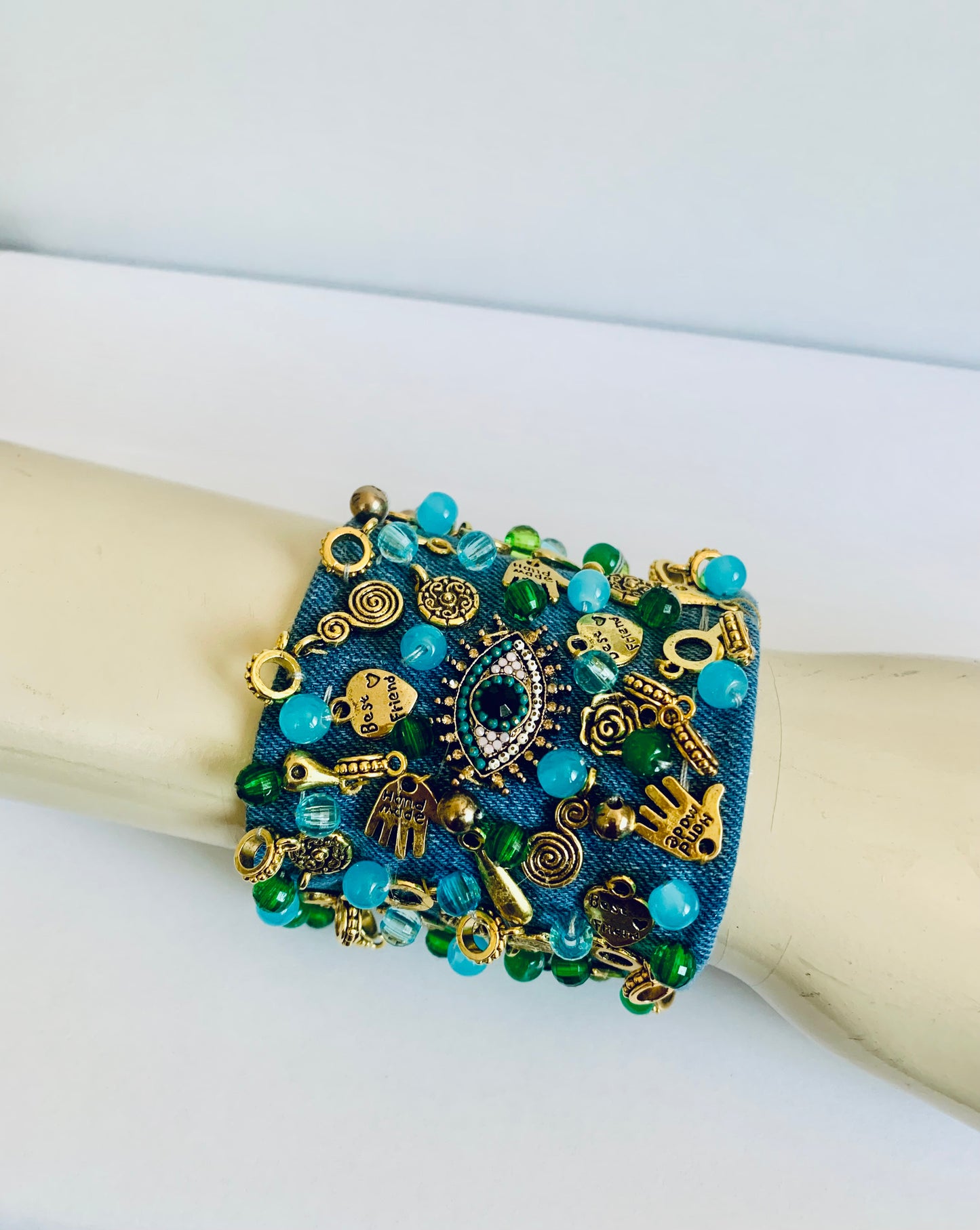 Eye Denim Bracelet with Charms & Beads–Boho Chic Jewelry
