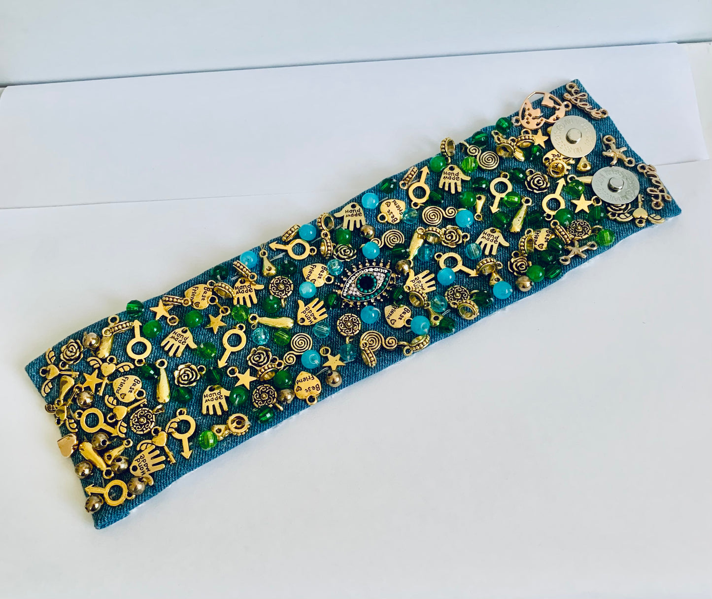 Eye Denim Bracelet with Charms & Beads–Boho Chic Jewelry