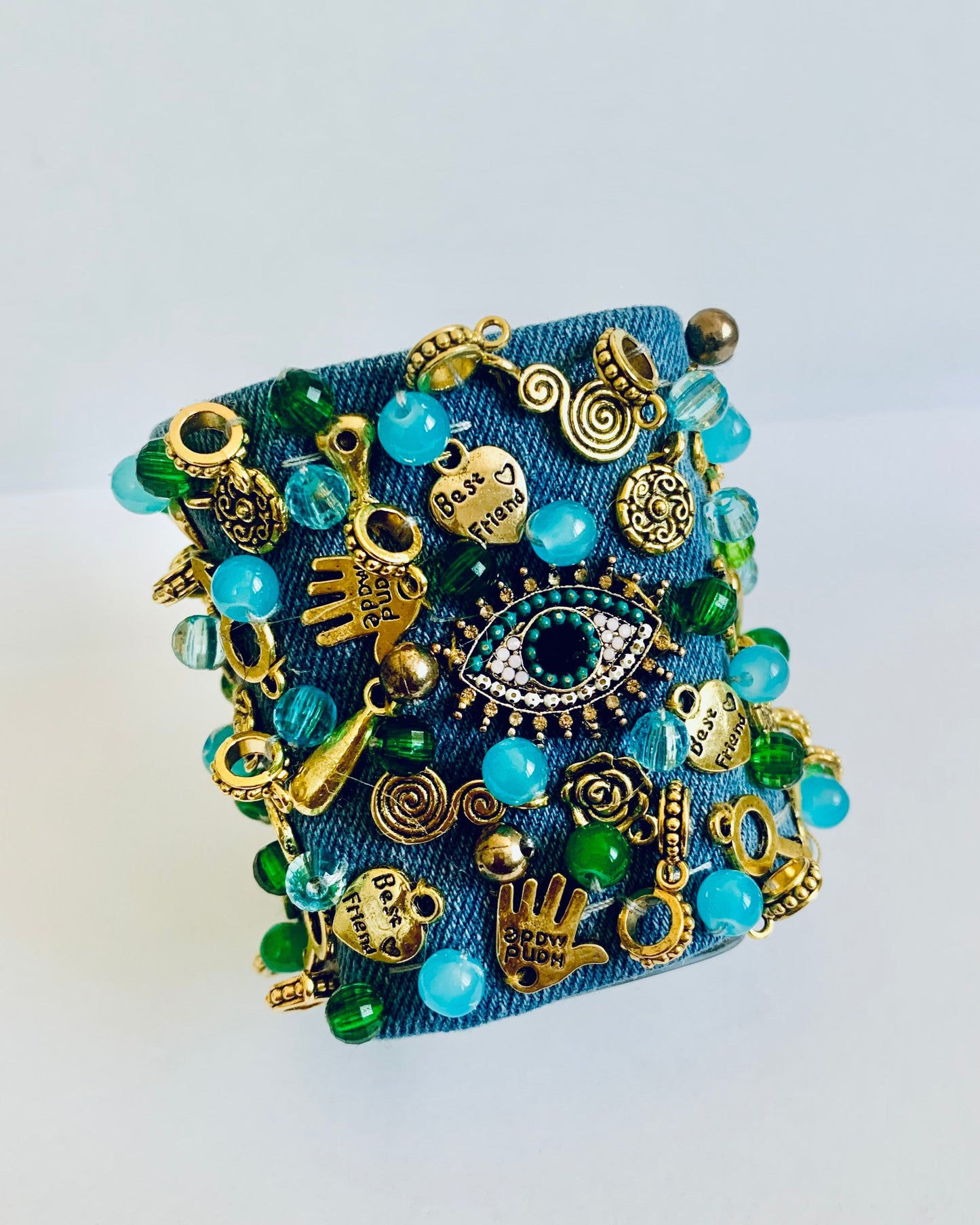 Eye Denim Bracelet with Charms & Beads–Boho Chic Jewelry