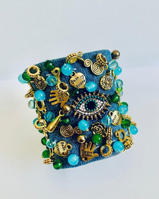 Eye Denim Bracelet with Charms & Beads–Boho Chic Jewelry