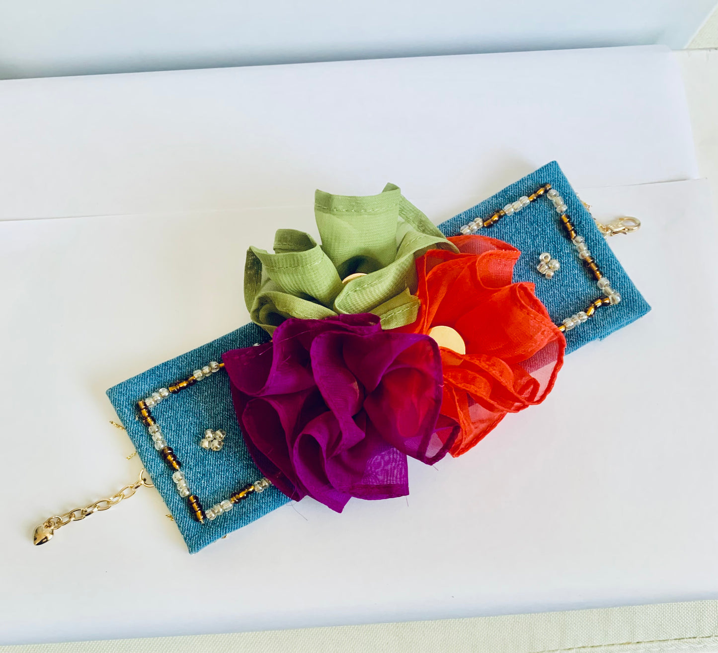 Denim Floral Bracelet with Beads–Boho Chic Jewelry