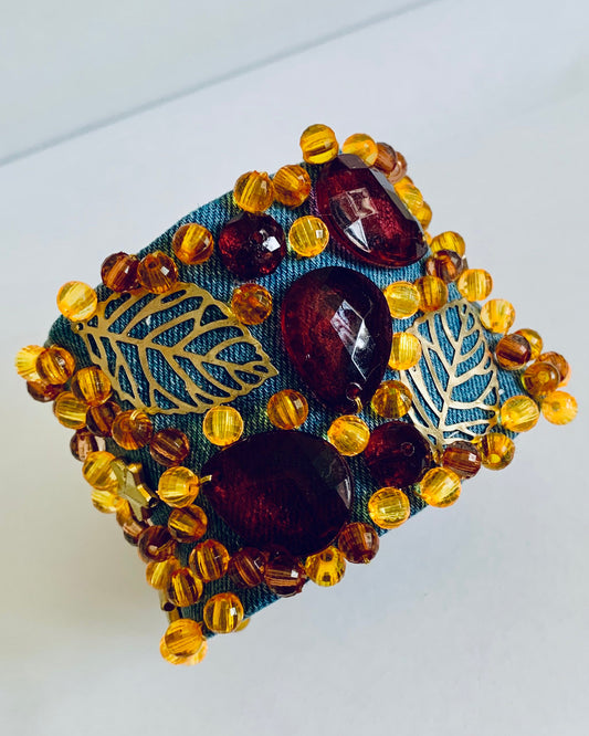 Leaves Denim Bracelet with Charms and Beads–Boho Chic Jewelry