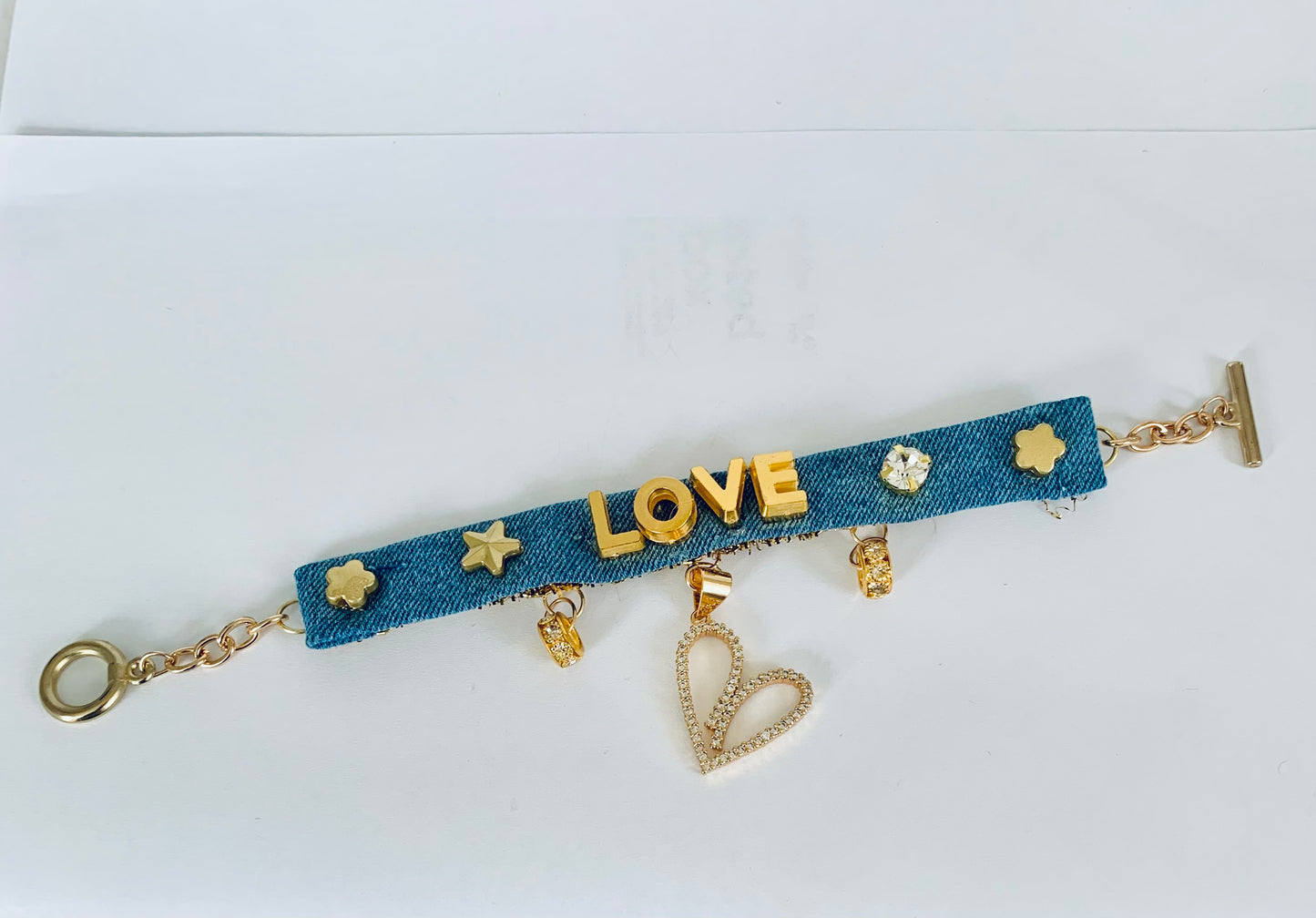 Love Denim Bracelet with Charms and Beads–Boho Chic Jewelry