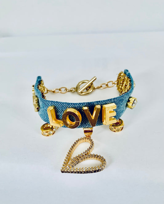 Love Denim Bracelet with Charms and Beads–Boho Chic Jewelry