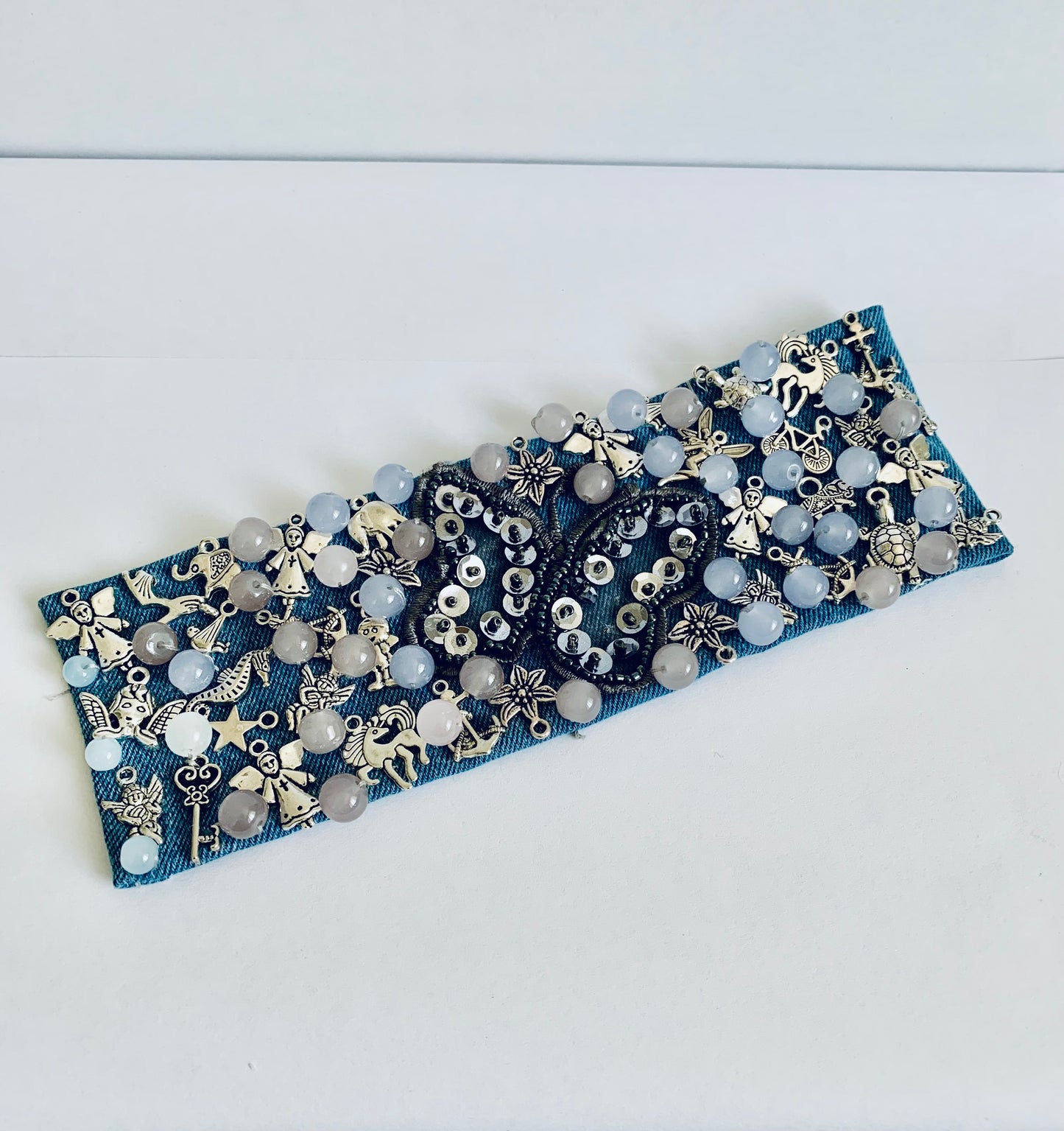 Butterfly Denim Bracelet with Charms and Beads–Boho Chic Jewelry