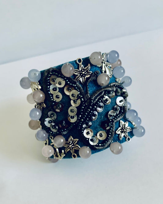 Butterfly Denim Bracelet with Charms and Beads–Boho Chic Jewelry