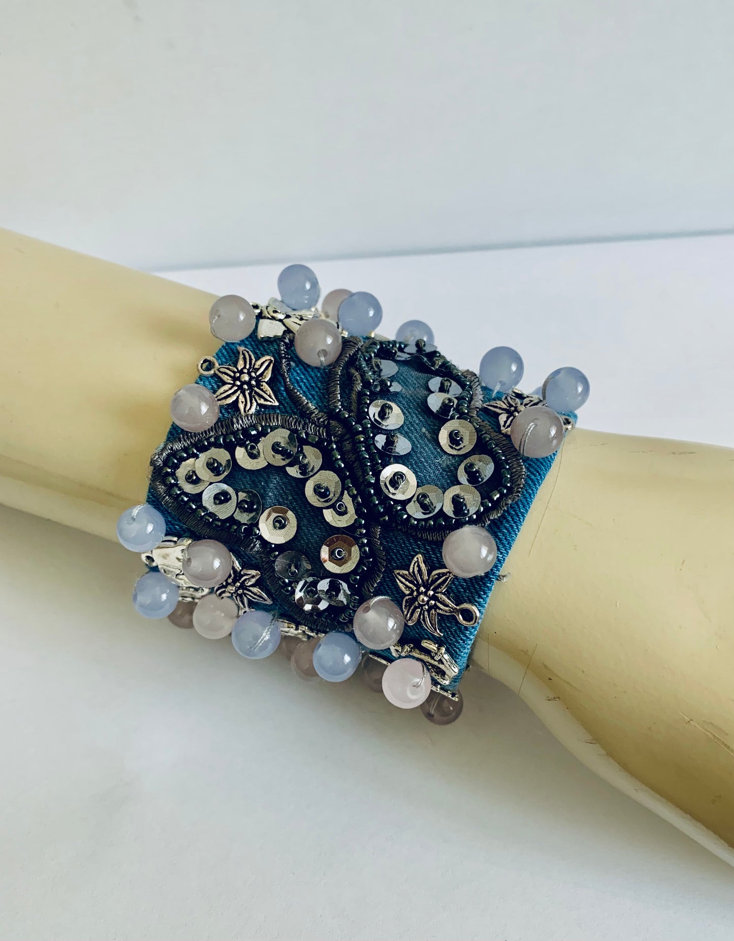 Butterfly Denim Bracelet with Charms and Beads–Boho Chic Jewelry