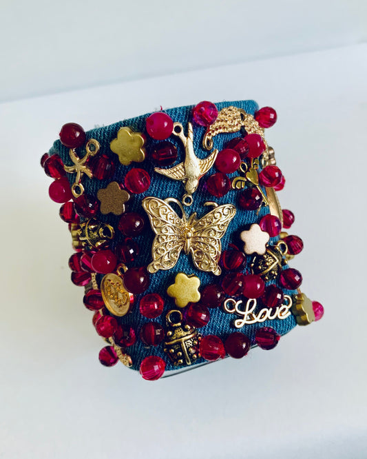Mariposa Denim Bracelet with Charms and Beads–Boho Chic Jewelry