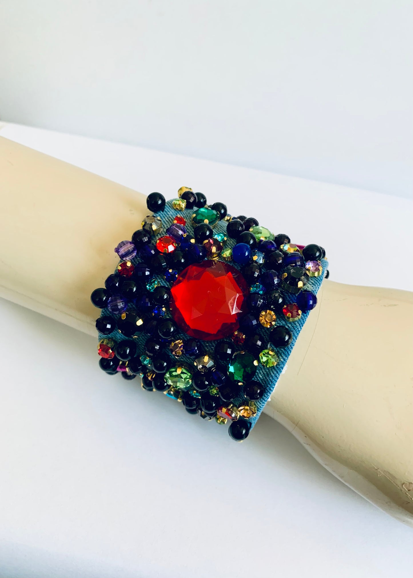 Scarlet Denim Bracelet with Charms and Beads–Boho Chic Jewelry