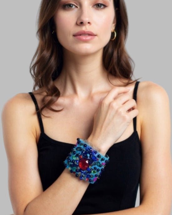 Scarlet Denim Bracelet with Charms and Beads–Boho Chic Jewelry