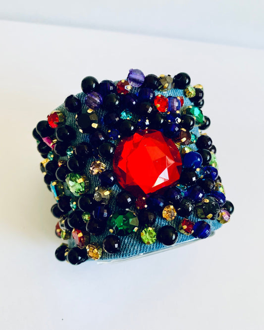 Scarlet Denim Bracelet with Charms and Beads–Boho Chic Jewelry