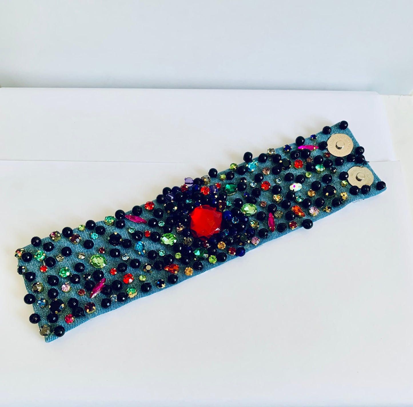 Scarlet Denim Bracelet with Charms and Beads–Boho Chic Jewelry