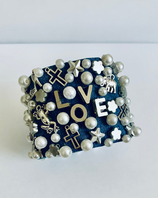 Silver Love Denim Bracelet with Charms & Beads– Boho Chic Jewelry