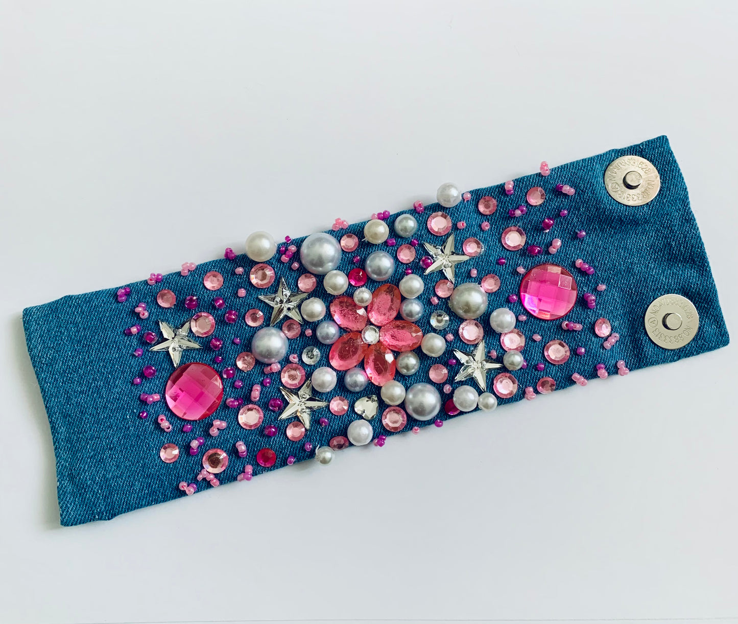 Pink Flower Denim Bracelet Handcrafted Statement Boho-Chic