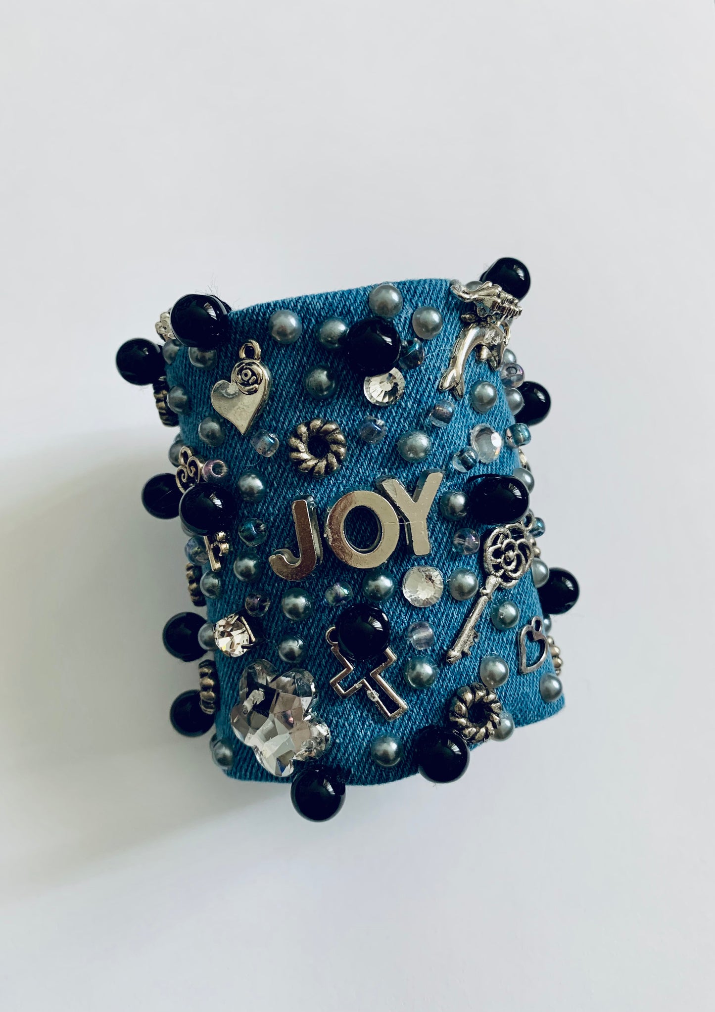 JOY Denim Bracelet. Handmade Statement Piece with Charms