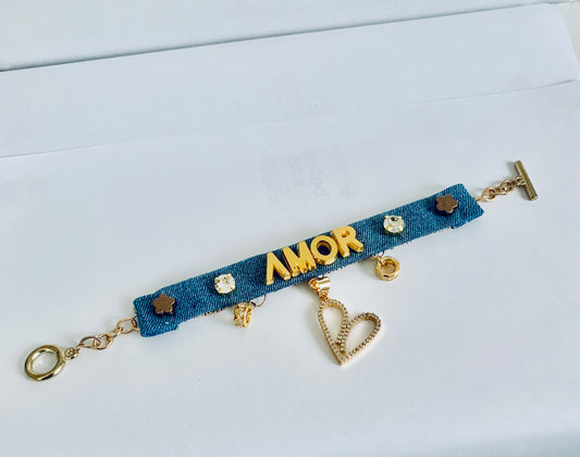 Amor Denim Bracelet AMOR with Charms and Beads–Boho Chic Jewelry