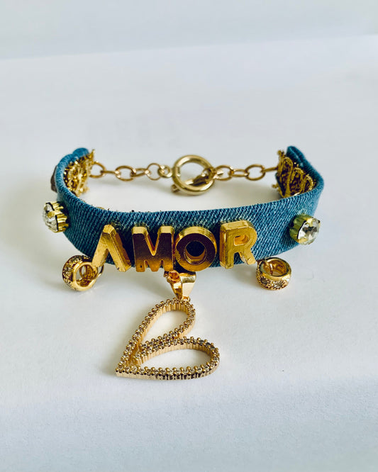 Amor Denim Bracelet AMOR with Charms and Beads–Boho Chic Jewelry