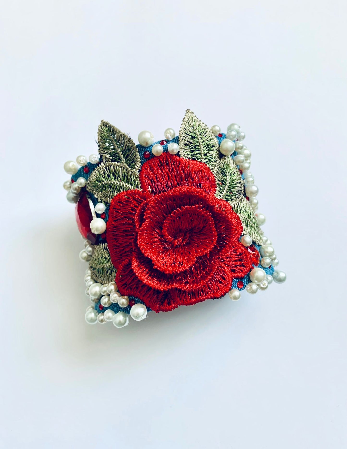 ROSE GLAM – Handmade Glam Boho Embroidered Denim Bracelet