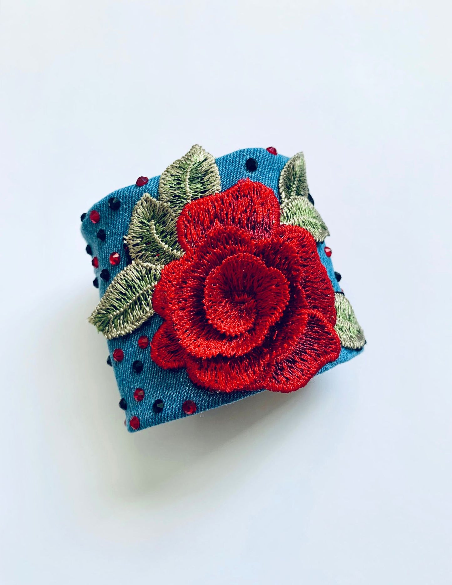 ROSE – Handmade Boho Chic Embroidered Denim Bracelet