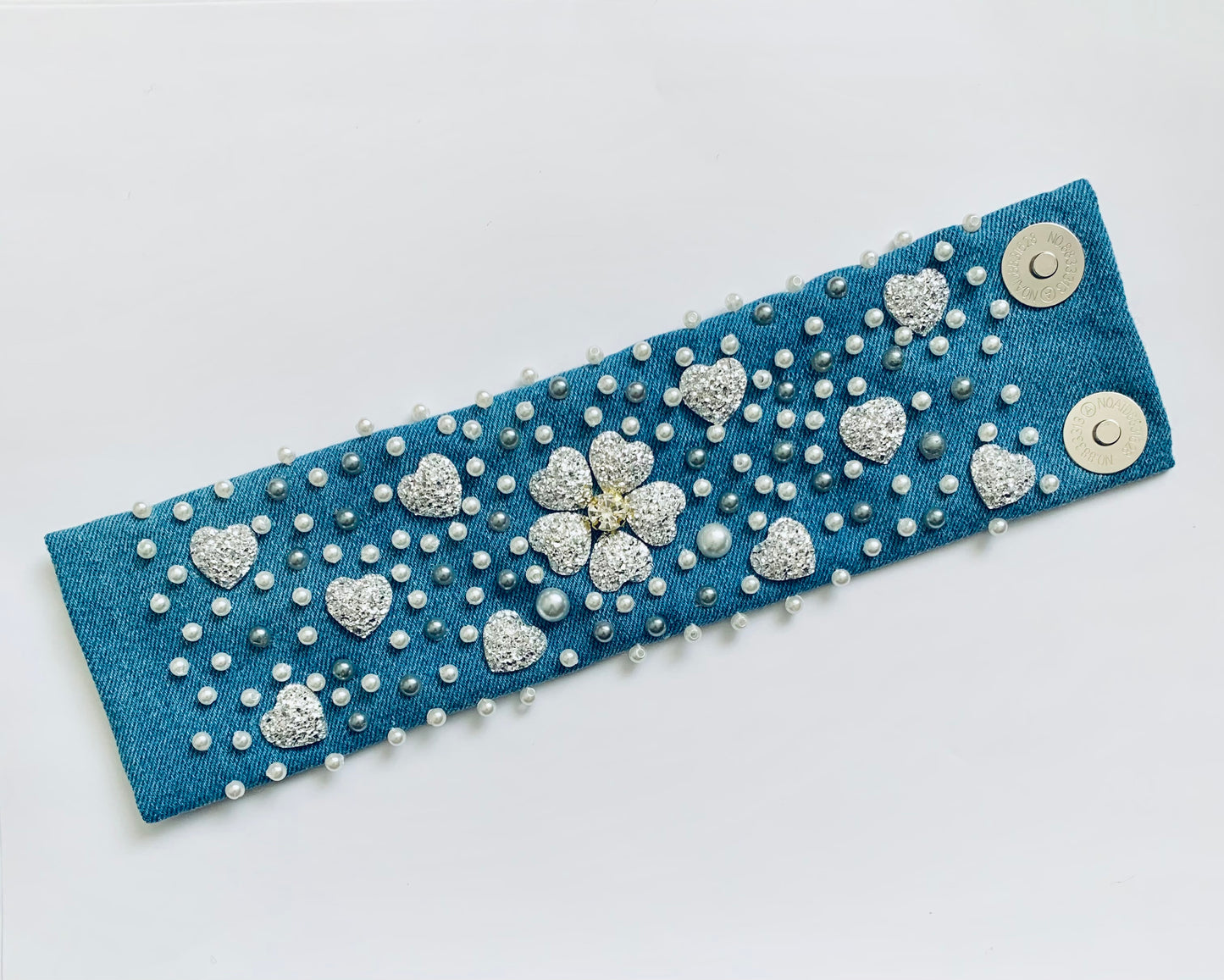Silver Hearts Handmade Denim Bracelet with Pearls & Crystals