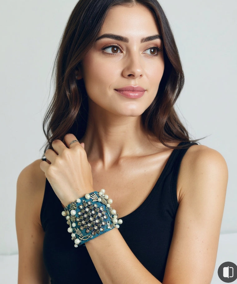 Geo Denim Bracelet with Charms & Beads– Boho Chic Jewelry