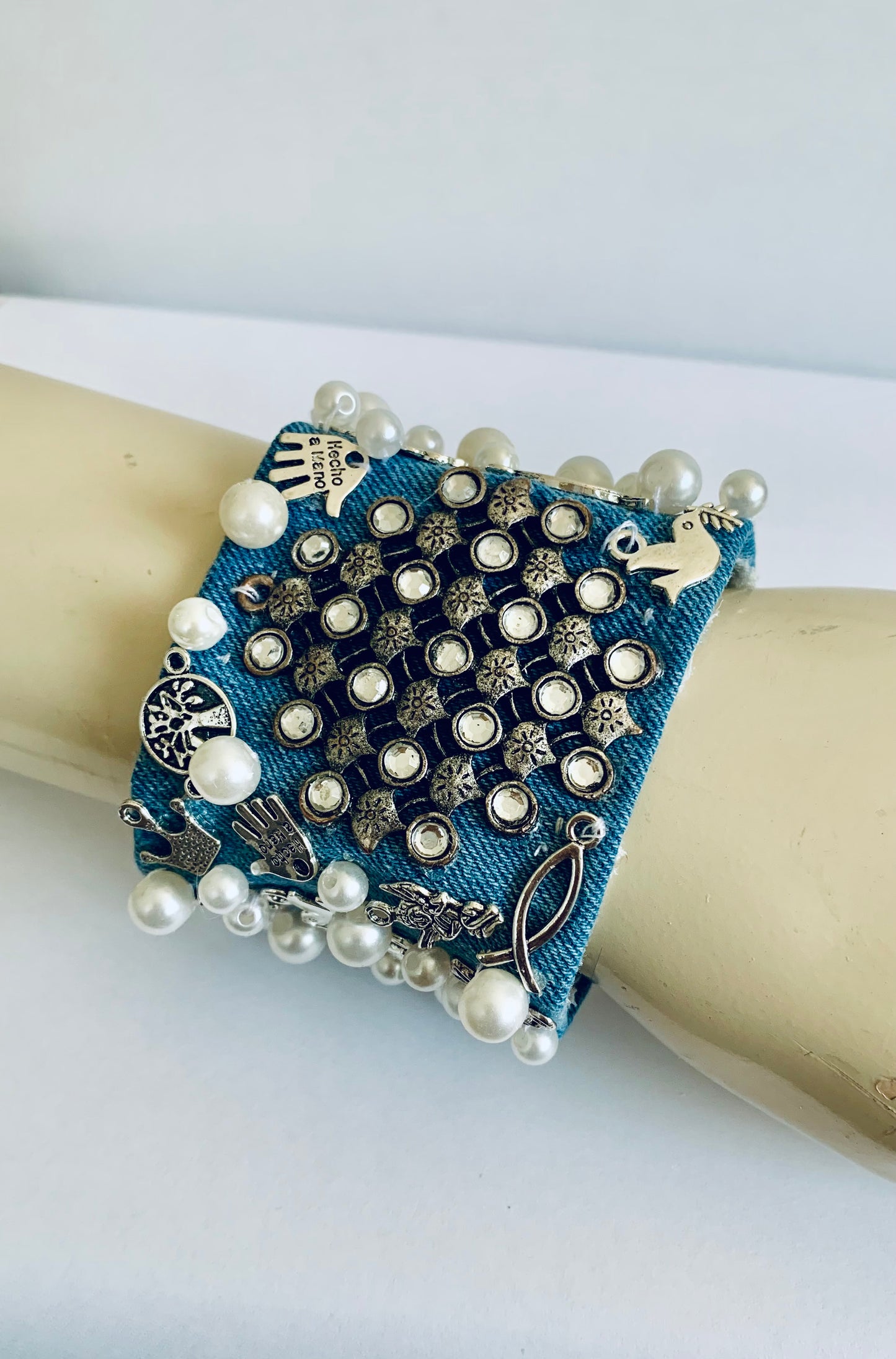 Geo Denim Bracelet with Charms & Beads– Boho Chic Jewelry