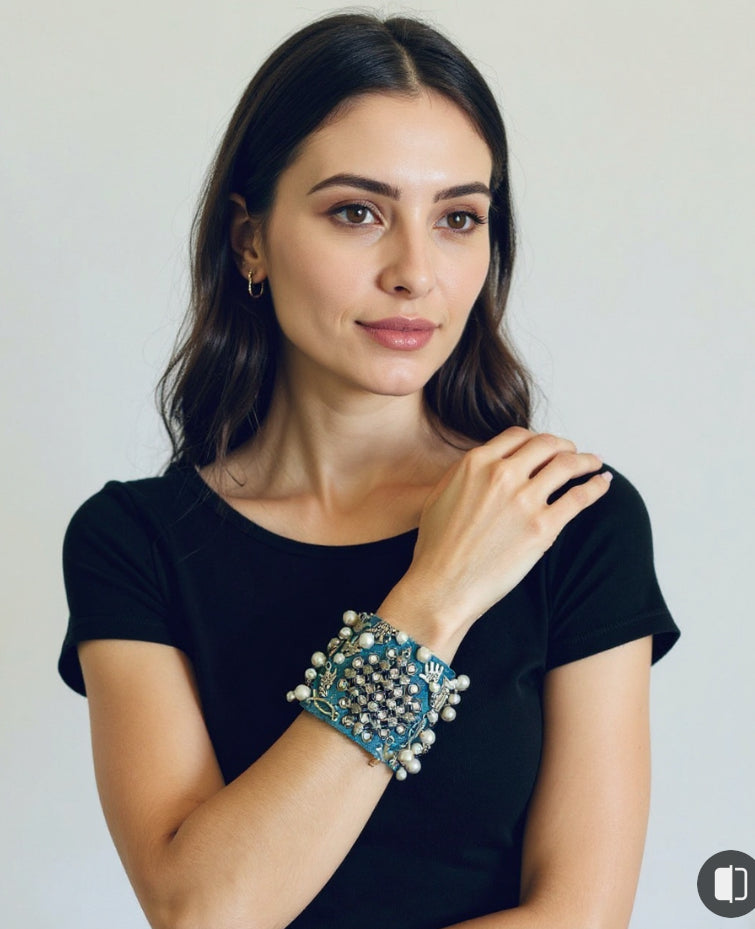 Geo Denim Bracelet with Charms & Beads– Boho Chic Jewelry