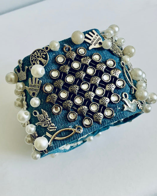 Geo Denim Bracelet with Charms & Beads– Boho Chic Jewelry