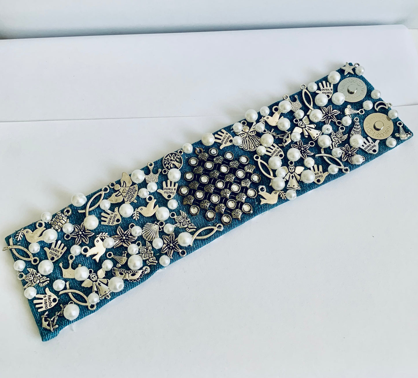 Geo Denim Bracelet with Charms & Beads– Boho Chic Jewelry