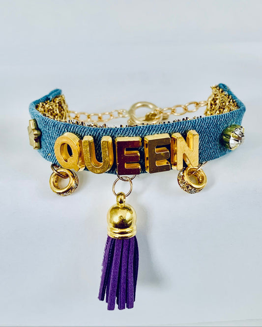 Queen Denim Bracelet with Charms and Beads–Boho Chic Jewelry