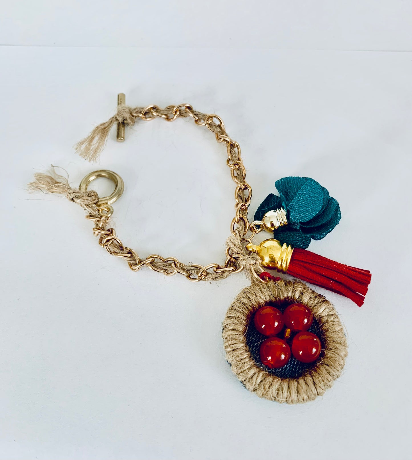 Soganel Denim Bracelet with Charms and Beads–Boho Chic Jewelry