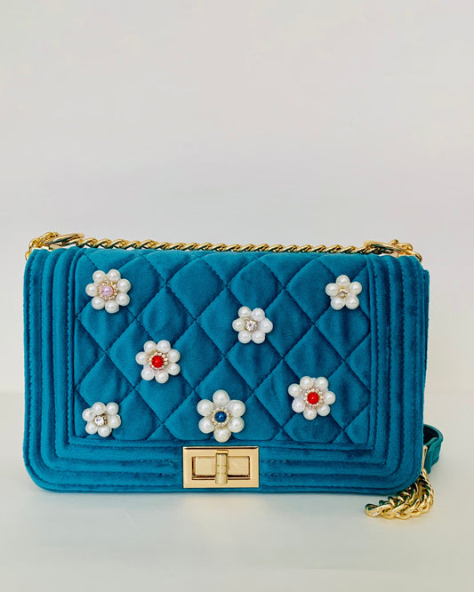 Teal Quilted Crossbody Handbag with Floral Embellishments