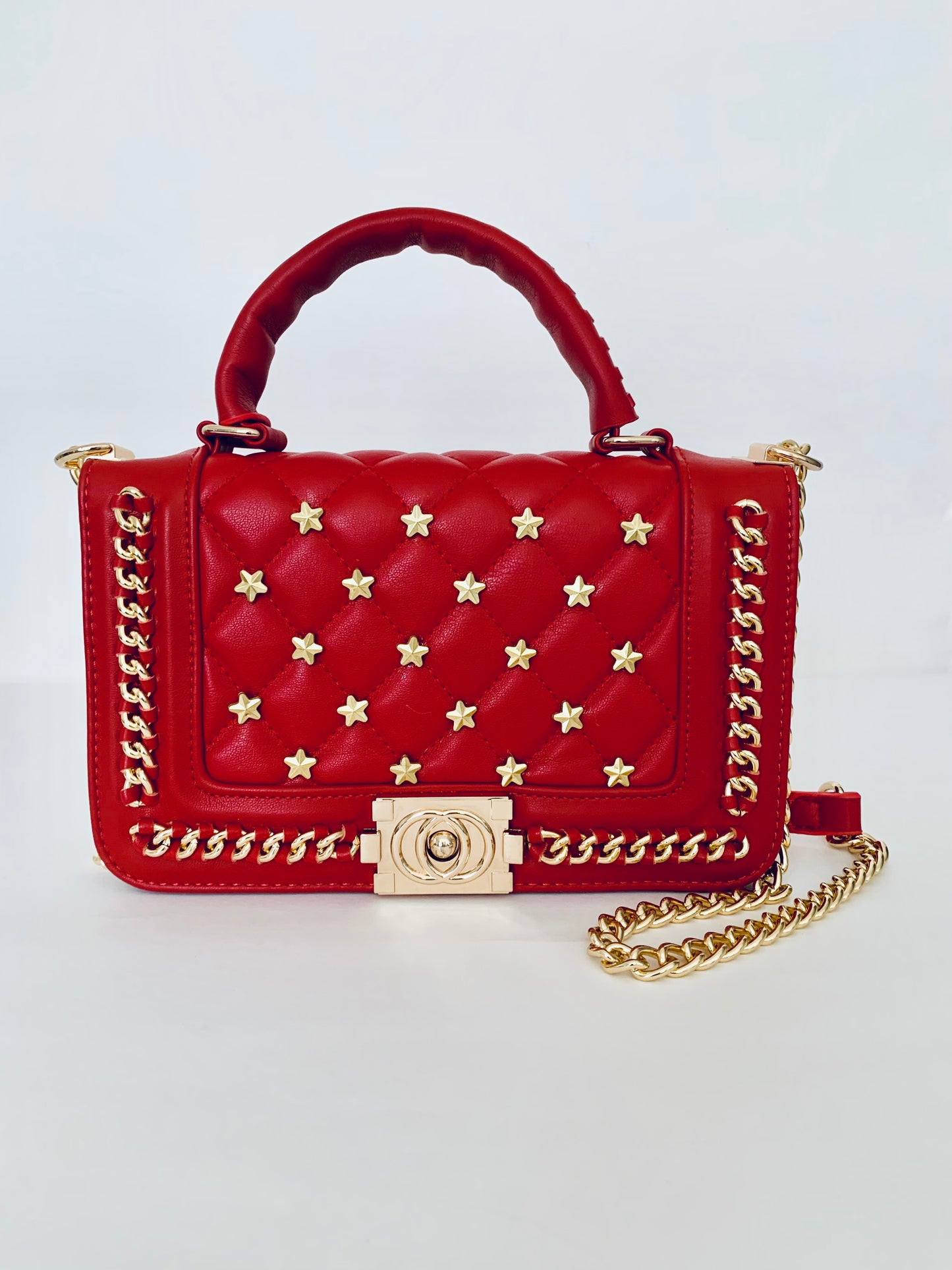 Red Crossbody Handbag with Gold Chain and Star Patterns