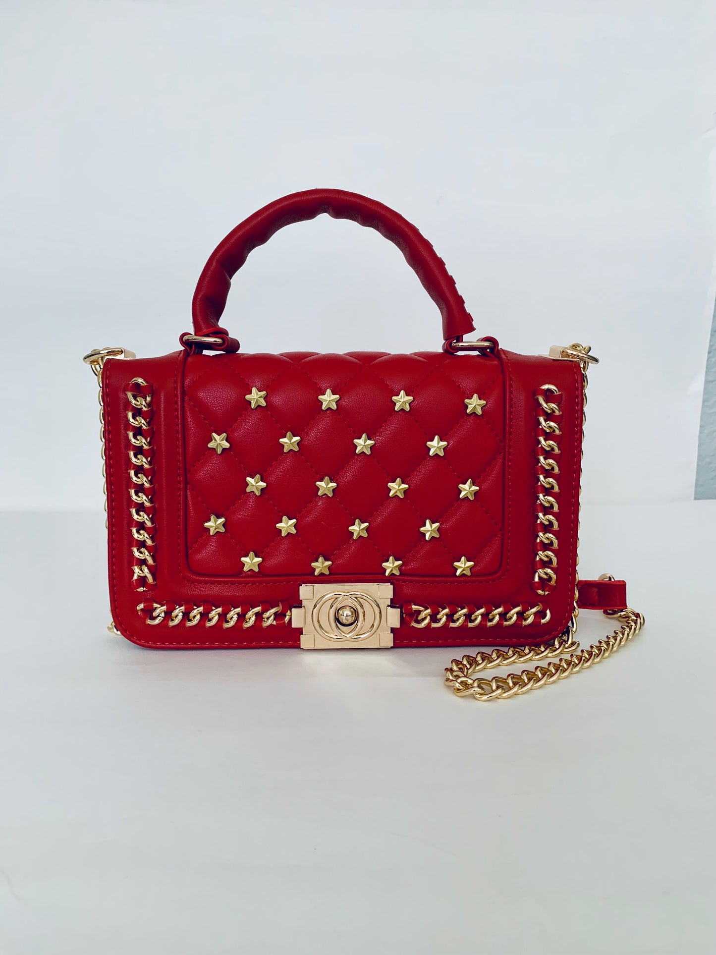 Red Crossbody Handbag with Gold Chain and Star Patterns