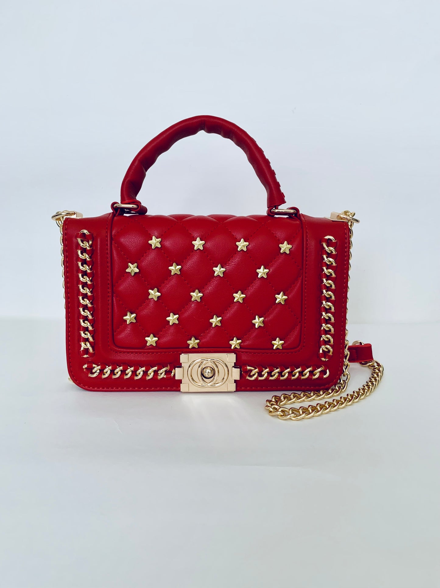 Red Crossbody Handbag with Gold Chain and Star Patterns