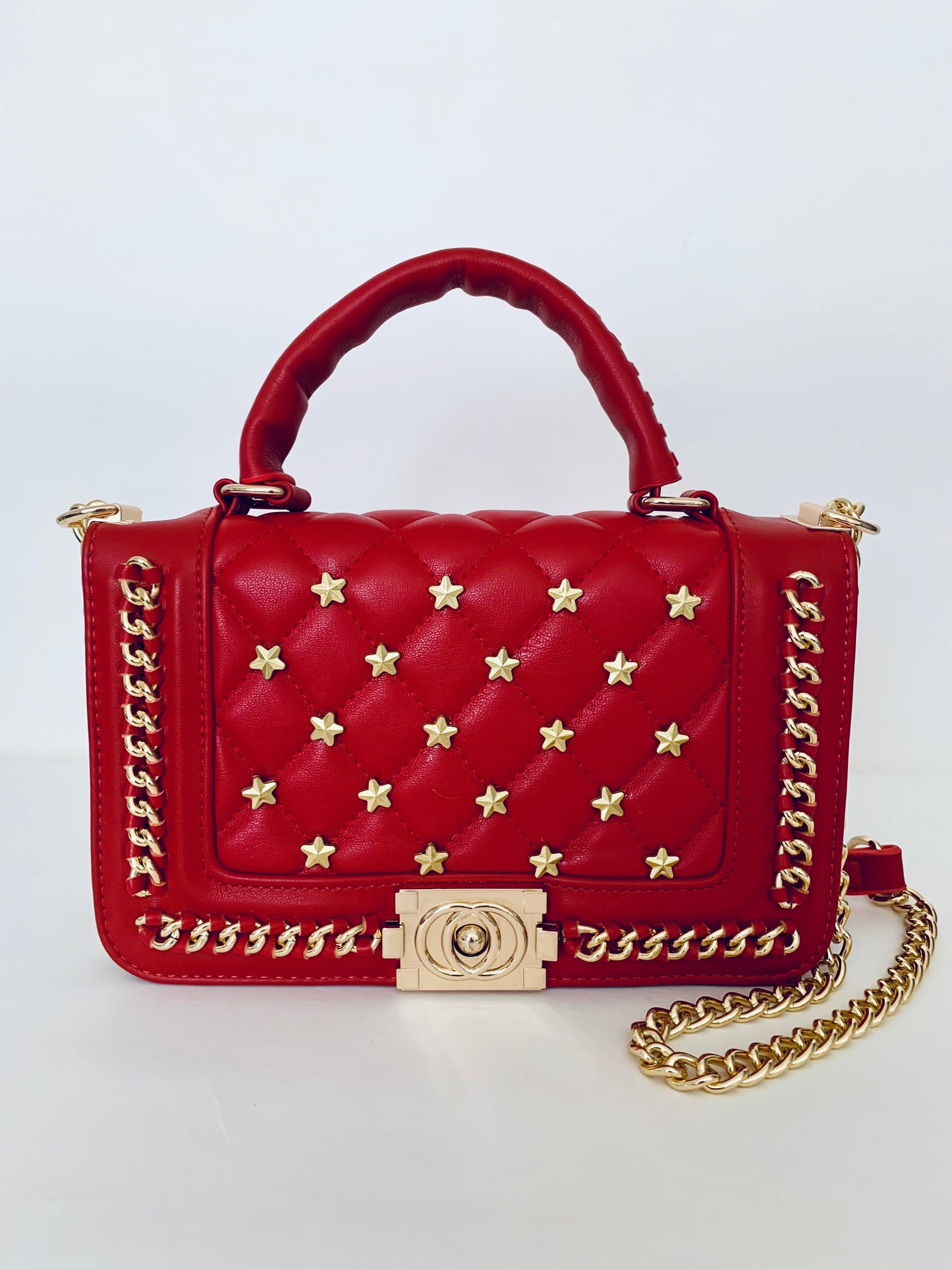 Red Crossbody Handbag with Gold Chain and Star Patterns