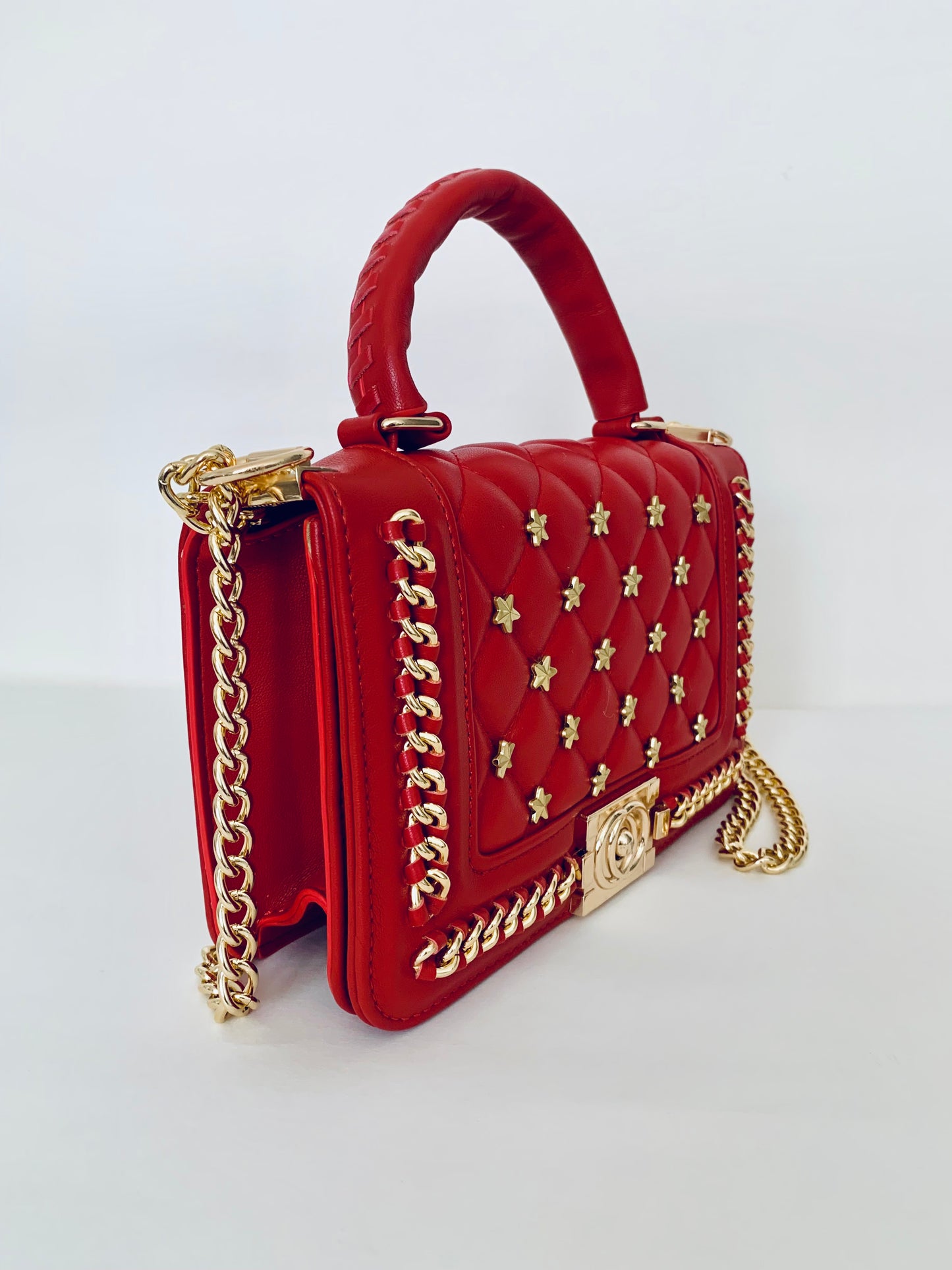 Red Crossbody Handbag with Gold Chain and Star Patterns