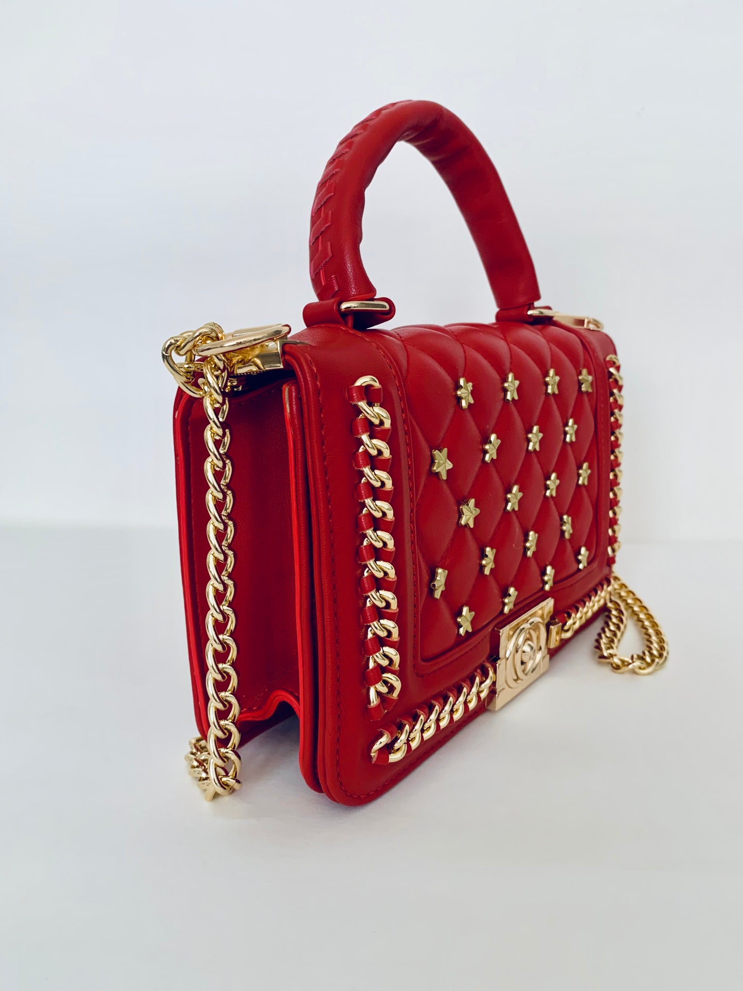 Red Crossbody Handbag with Gold Chain and Star Patterns