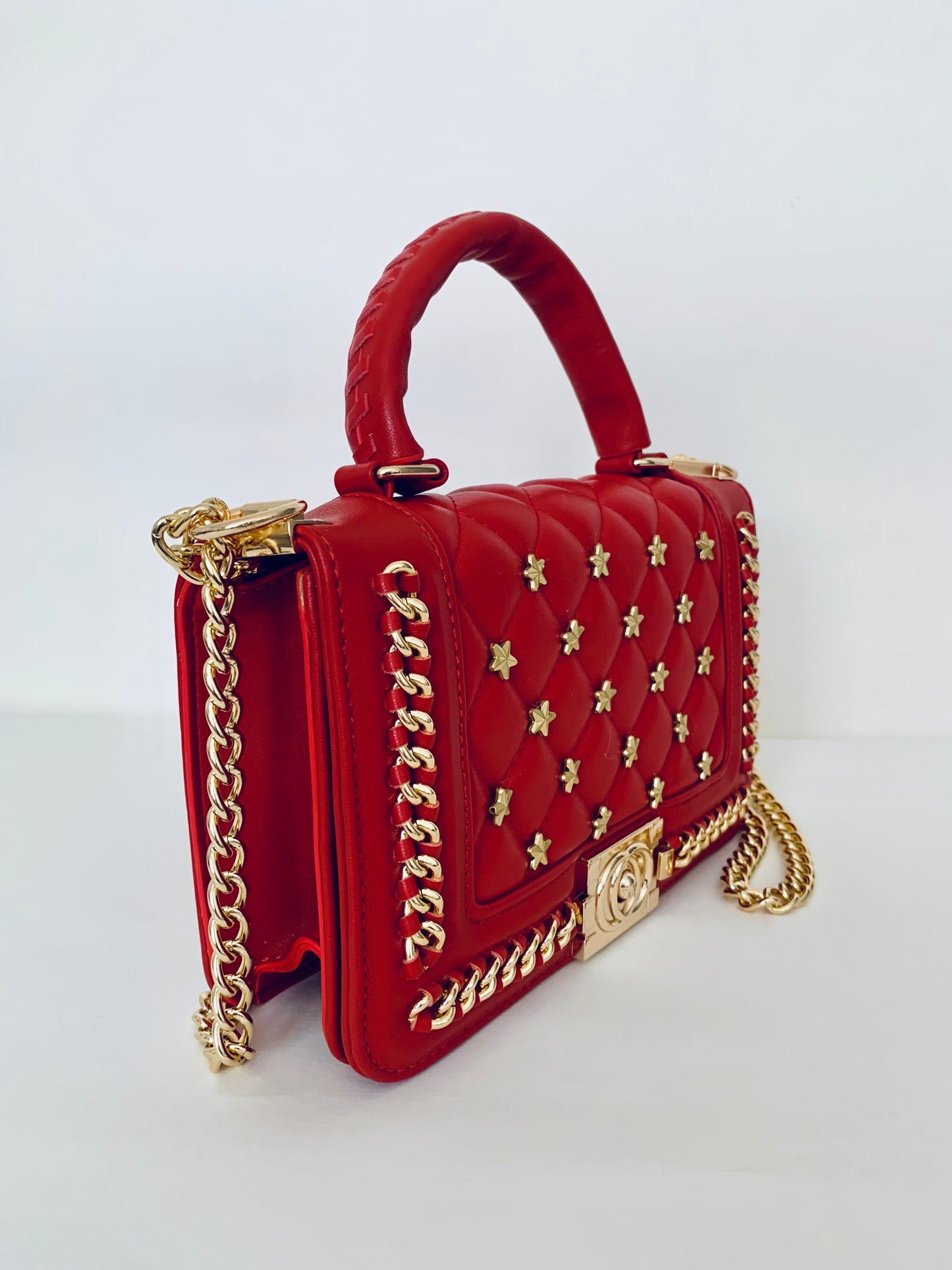 Red Crossbody Handbag with Gold Chain and Star Patterns